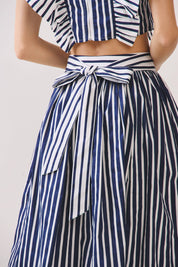 Navy Striped High Waist Midi Skirt