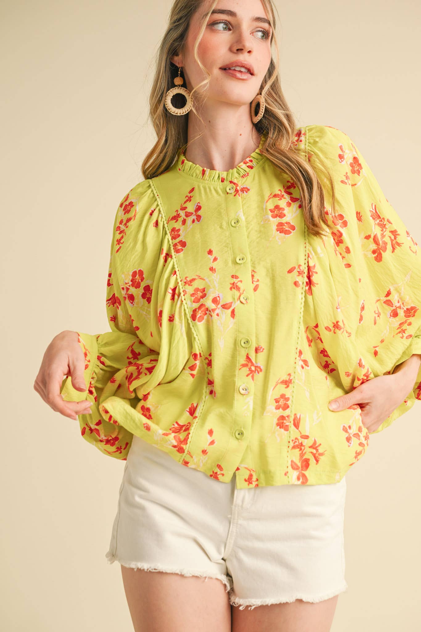 Blue Floral Dolman Sleeve Blouse