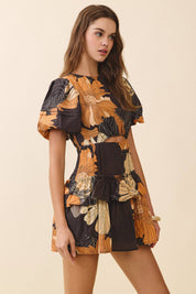 Floral Bodice Waist Cutout Mini Dress