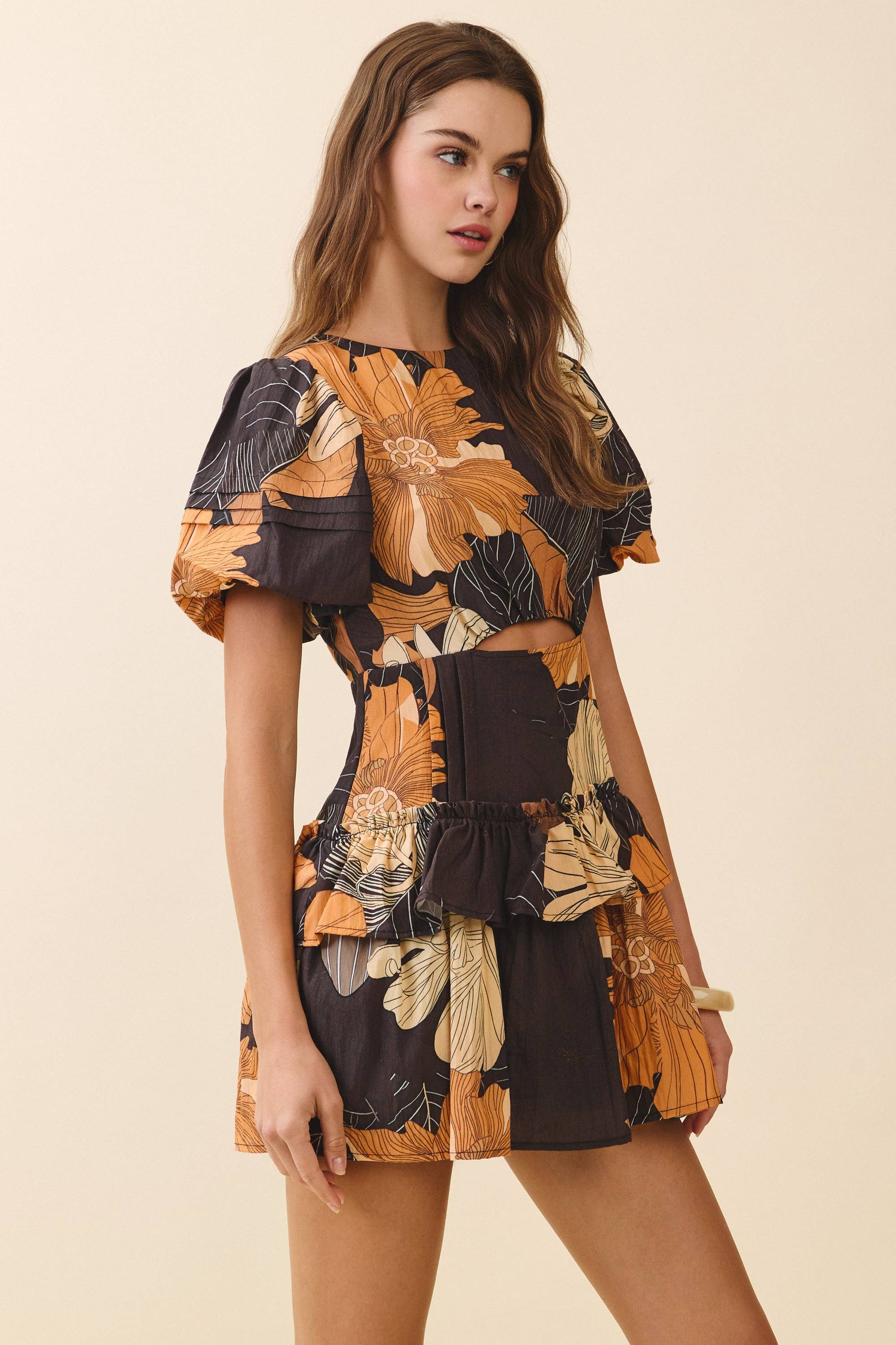 Floral Bodice Waist Cutout Mini Dress