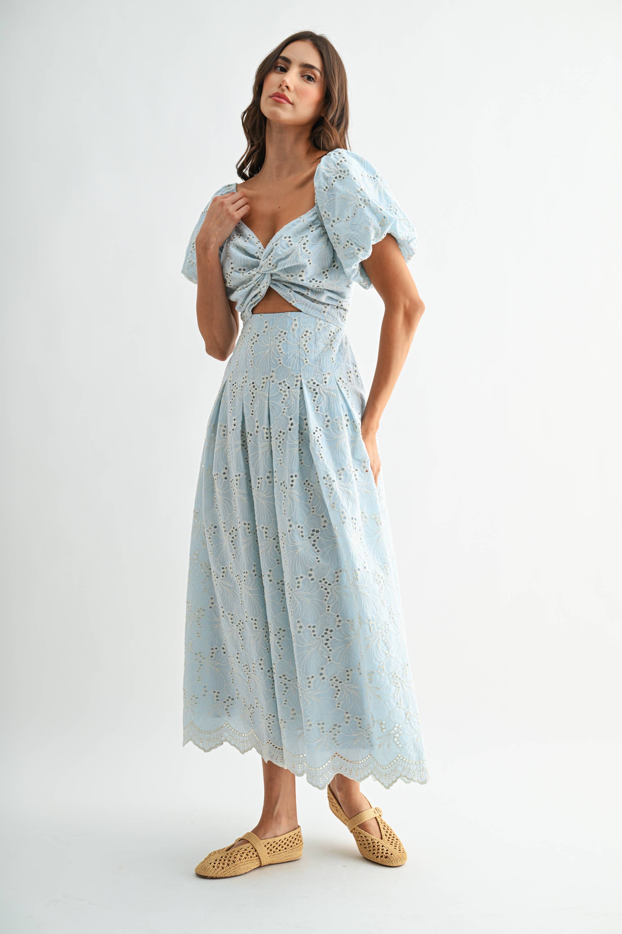 Blue Eyelet Puff Sleeve Maxi Dress