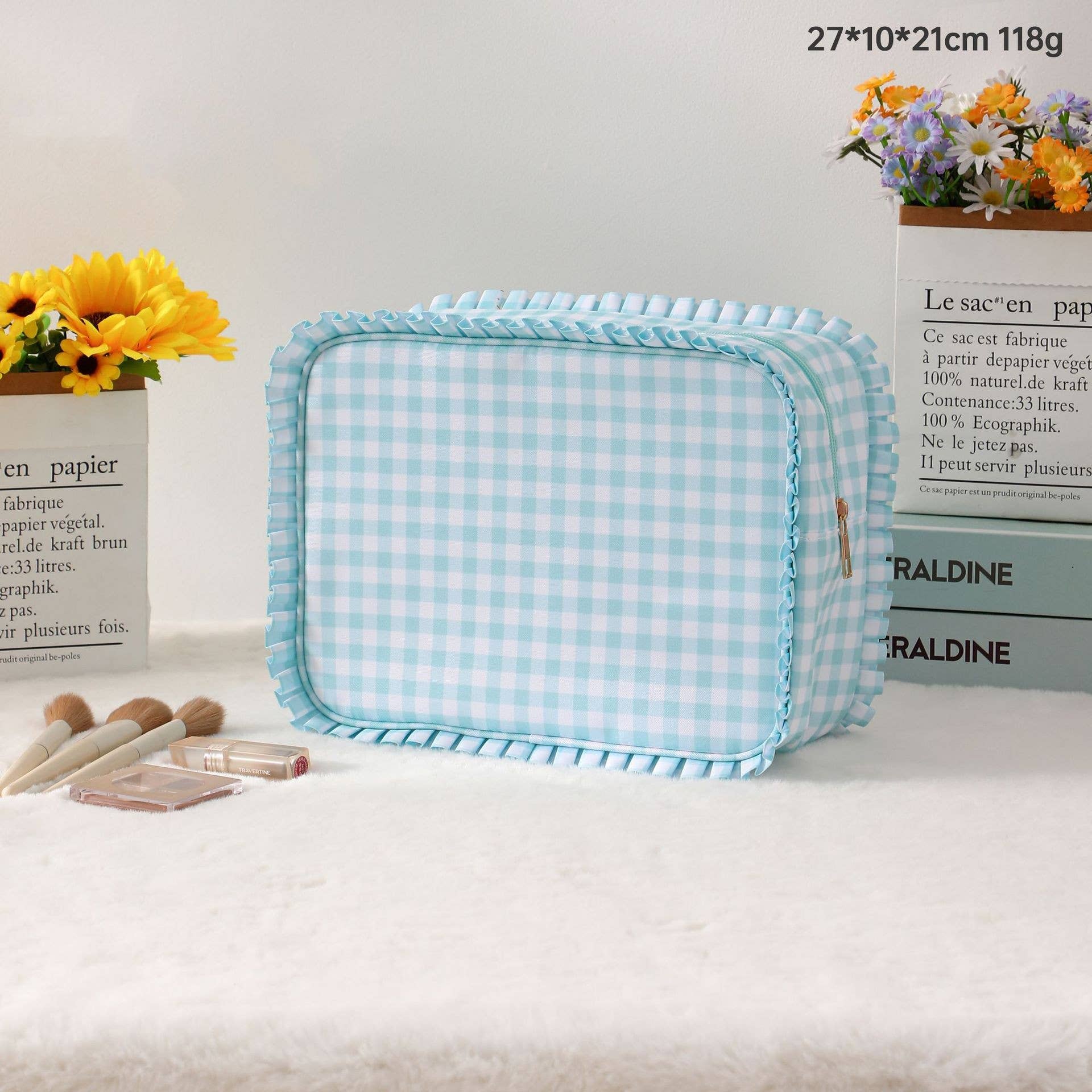 Ruffle Checker Stripe Cosmetic Bag