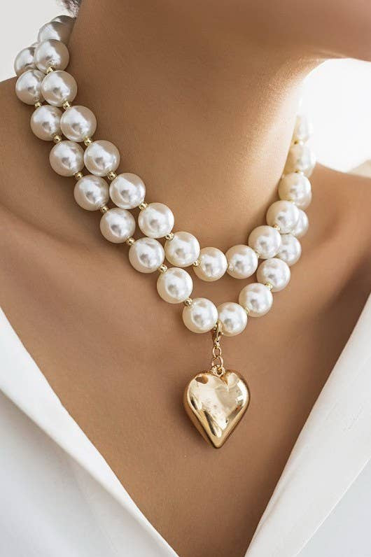Pearl Beaded Layered Heart Necklace