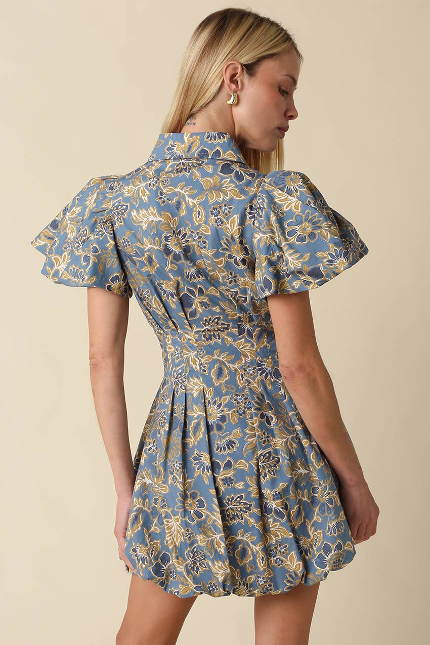 Blue & Gold Floral Mini Dress