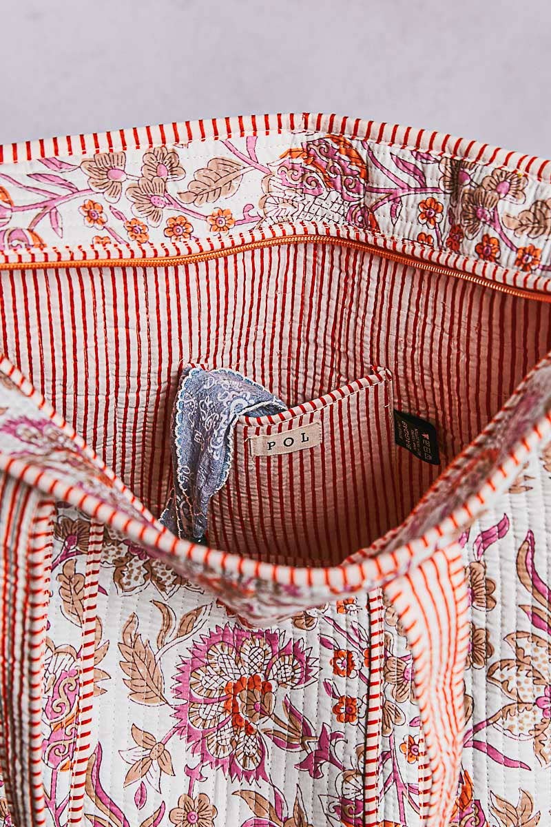 Cream Quilted Floral Tote Bag