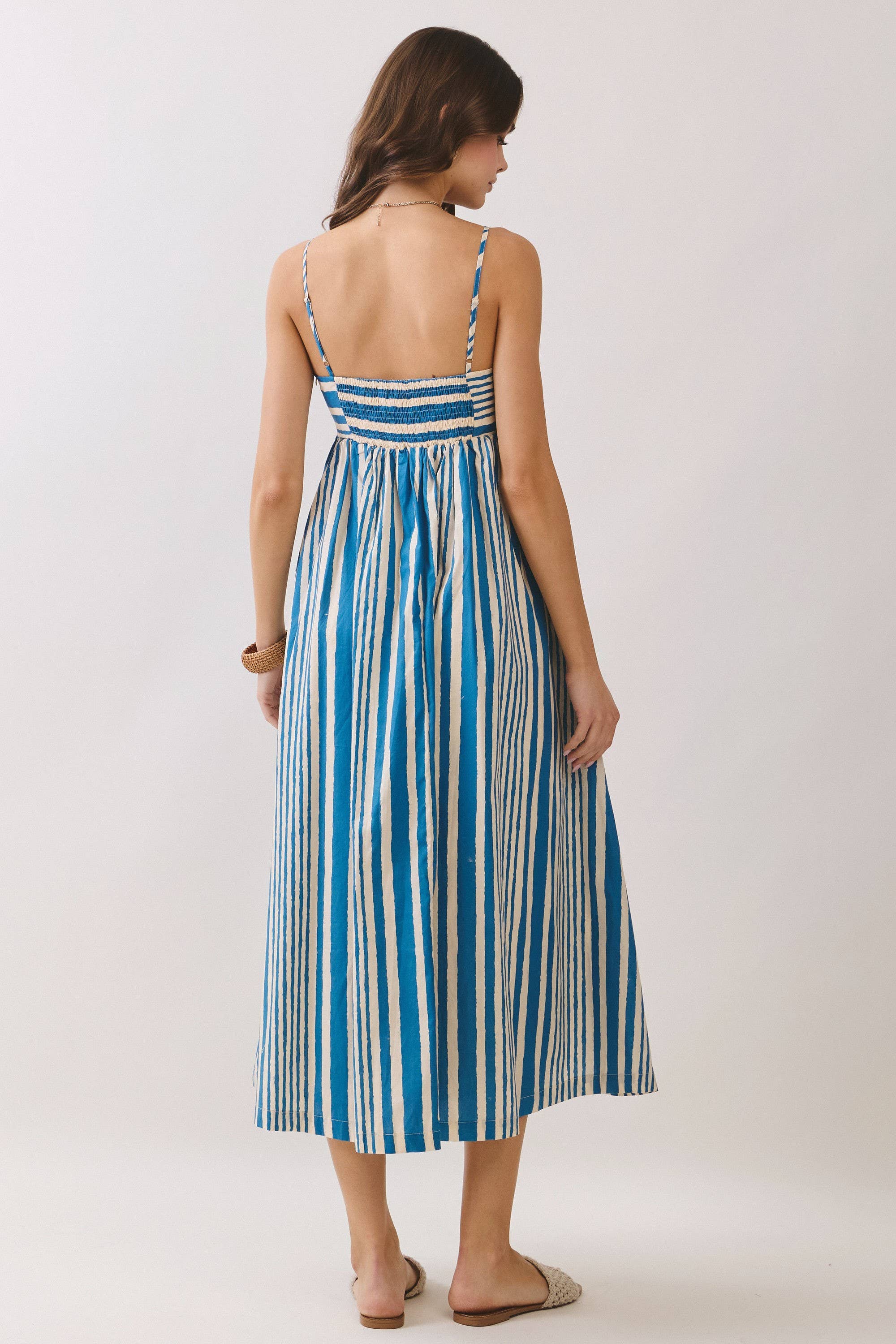 Blue Stripe Smocked Midi Dress