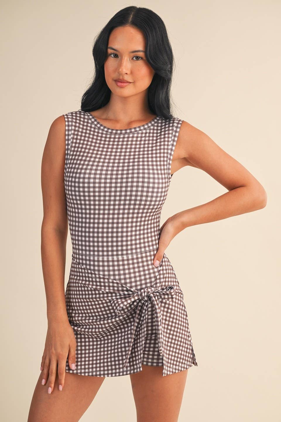 Brown Gingham Wrap Tie Dress