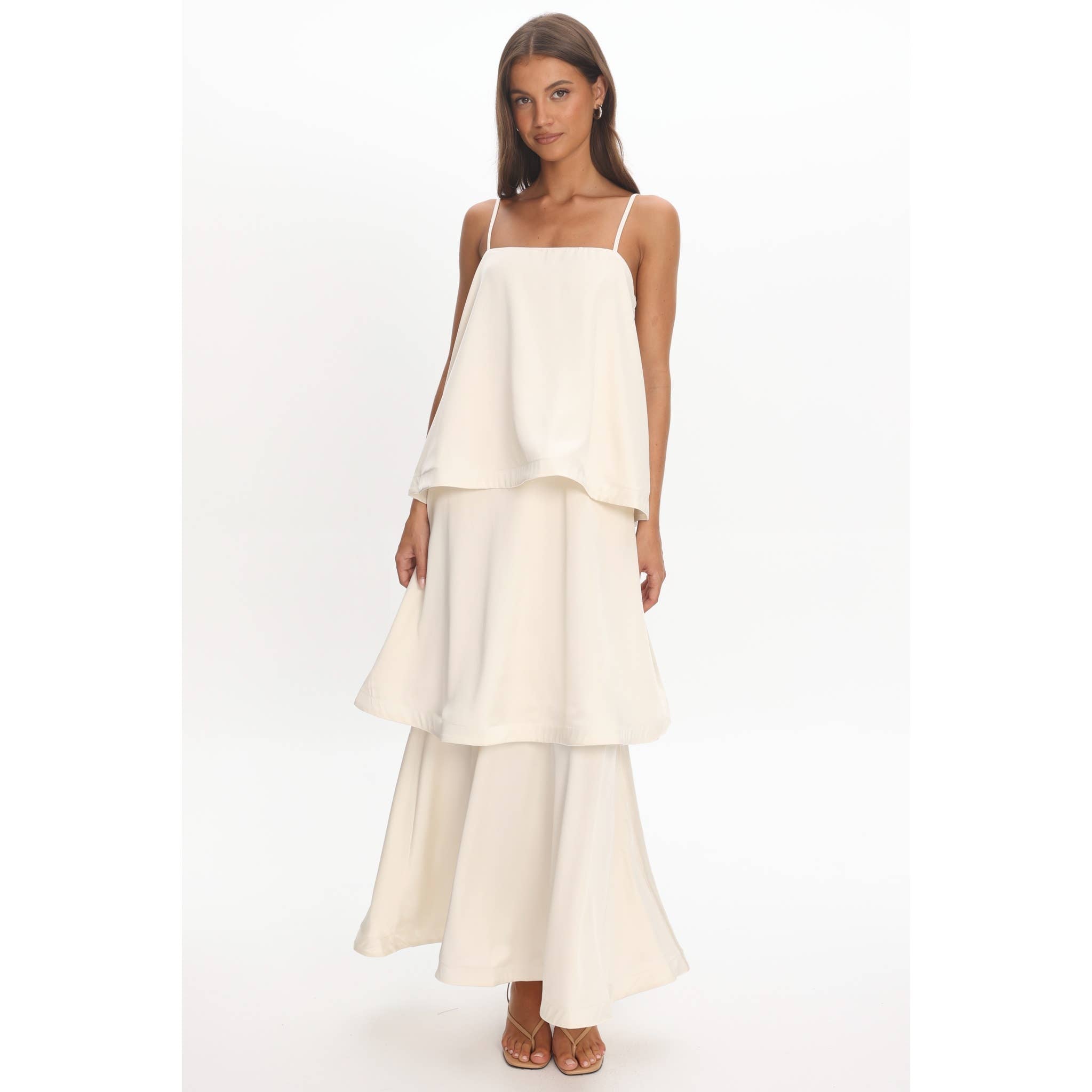 Cream Satin Tiered Maxi Dress