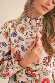 Cream Floral Ruffled Button Down Top