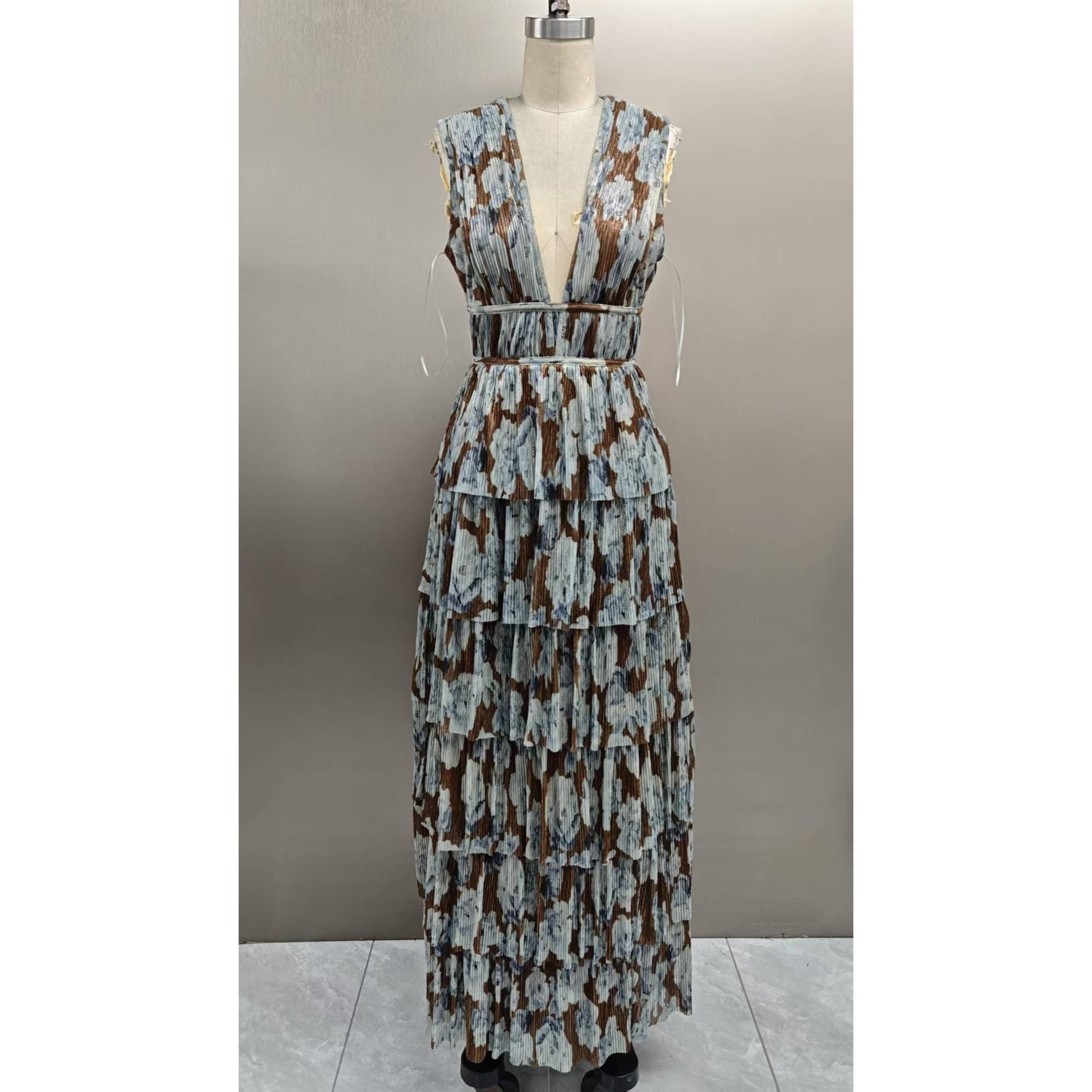 Brown Floral Plunging Ruffled Maxi Dress