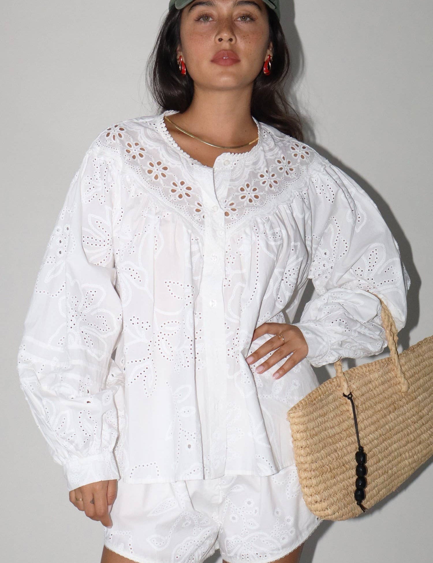 White Eyelet Cotton Long Sleeve Blouse — eyelet blouse and elastic cuffs