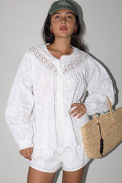 White Eyelet Cotton Long Sleeve Blouse — eyelet blouse and elastic cuffs