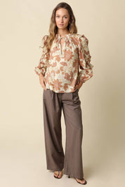Beige Floral Print Ruffle Blouse showing self-tie neck closure