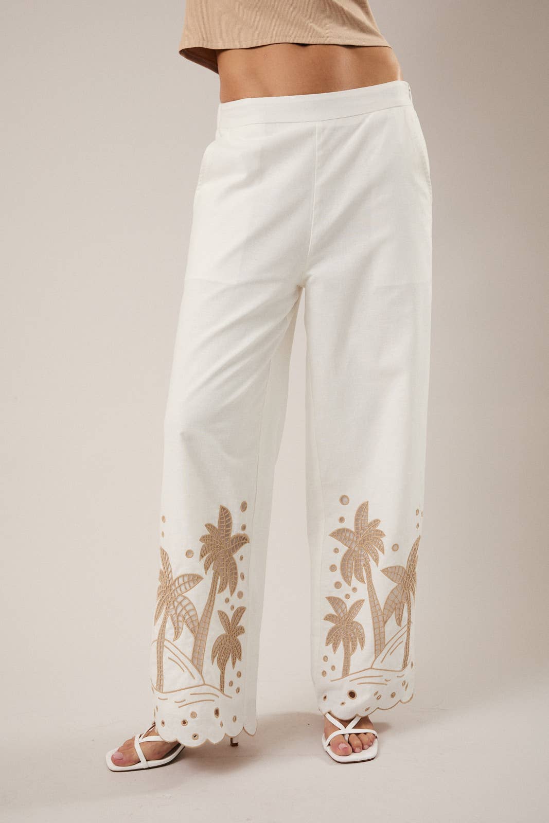 White Palm Tree Embroidered Linen Pants