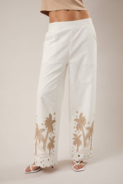 White Palm Tree Embroidered Linen Pants