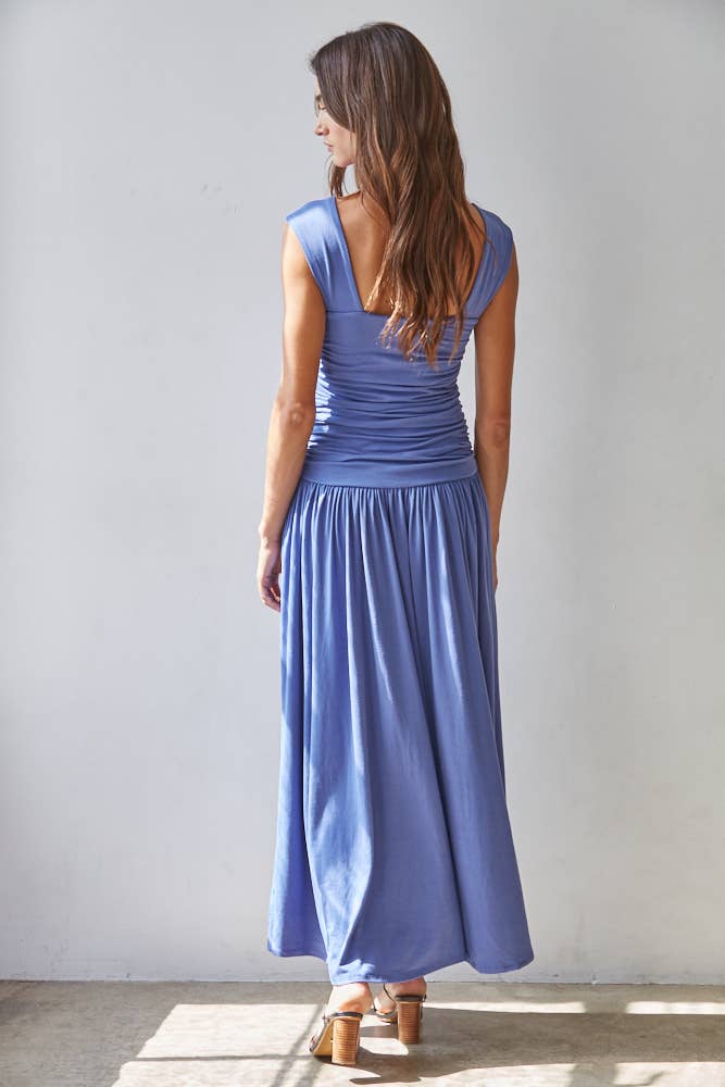 Blue Ruched Side Sleeveless Dress