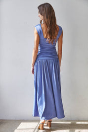 Blue Ruched Side Sleeveless Dress