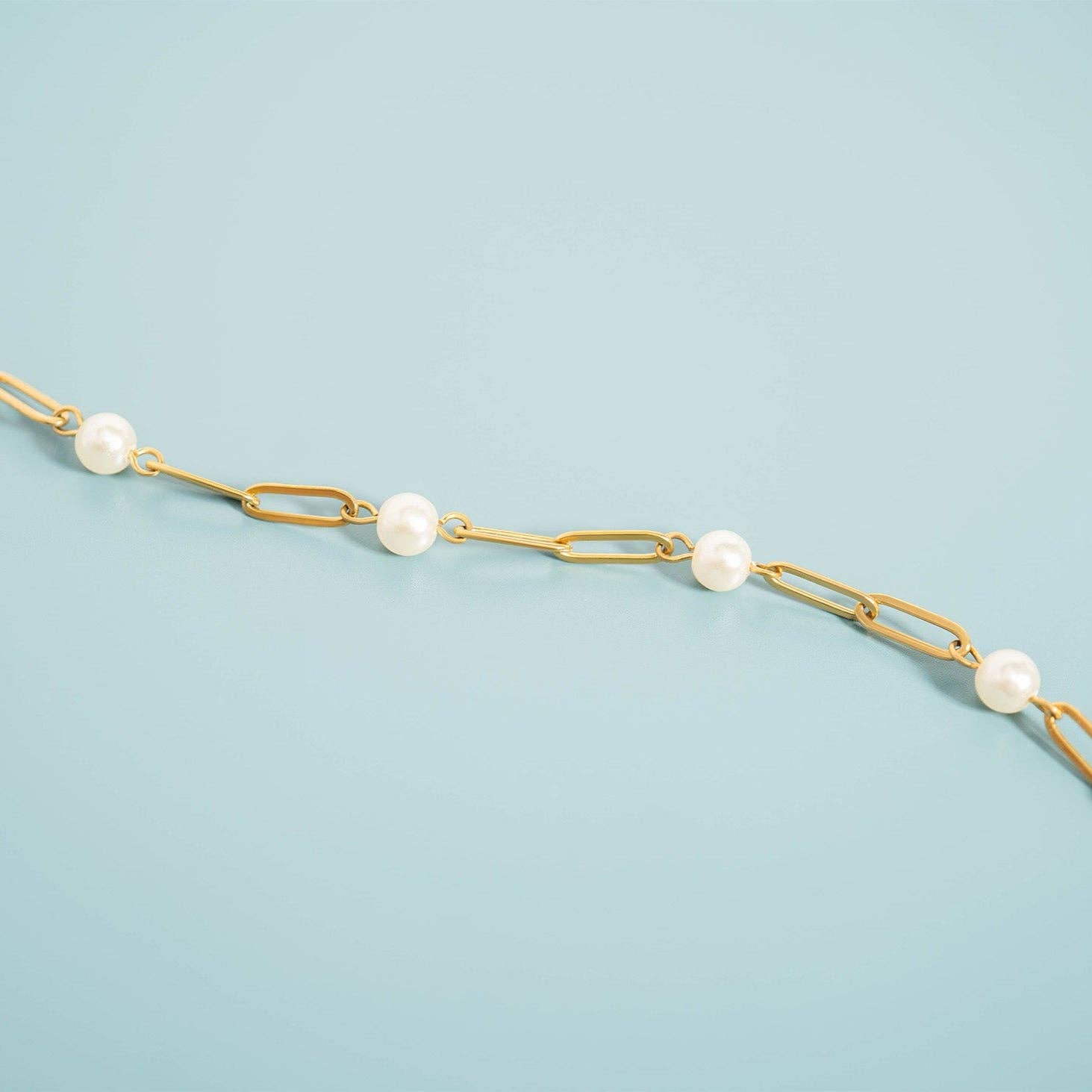 18K Gold Steel Station Pearl Paperclip Chain Bracelet