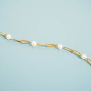 18K Gold Steel Station Pearl Paperclip Chain Bracelet