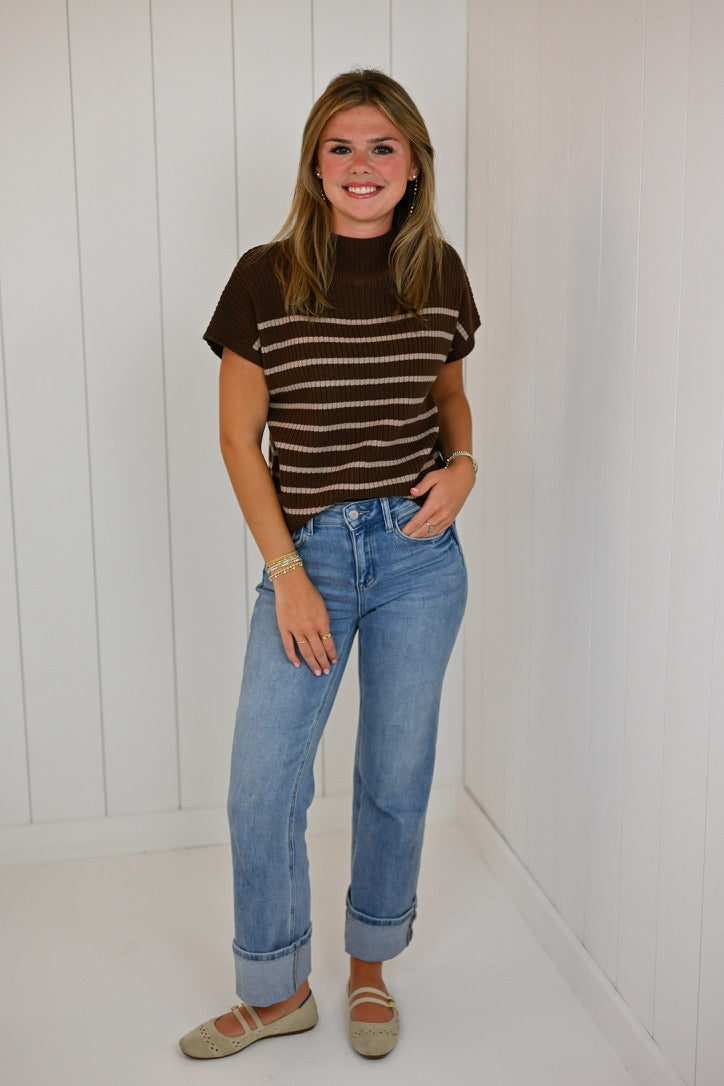 Brown Stripe Mock Neck Sweater
