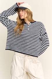 Navy Striped Henley Knit Sweater