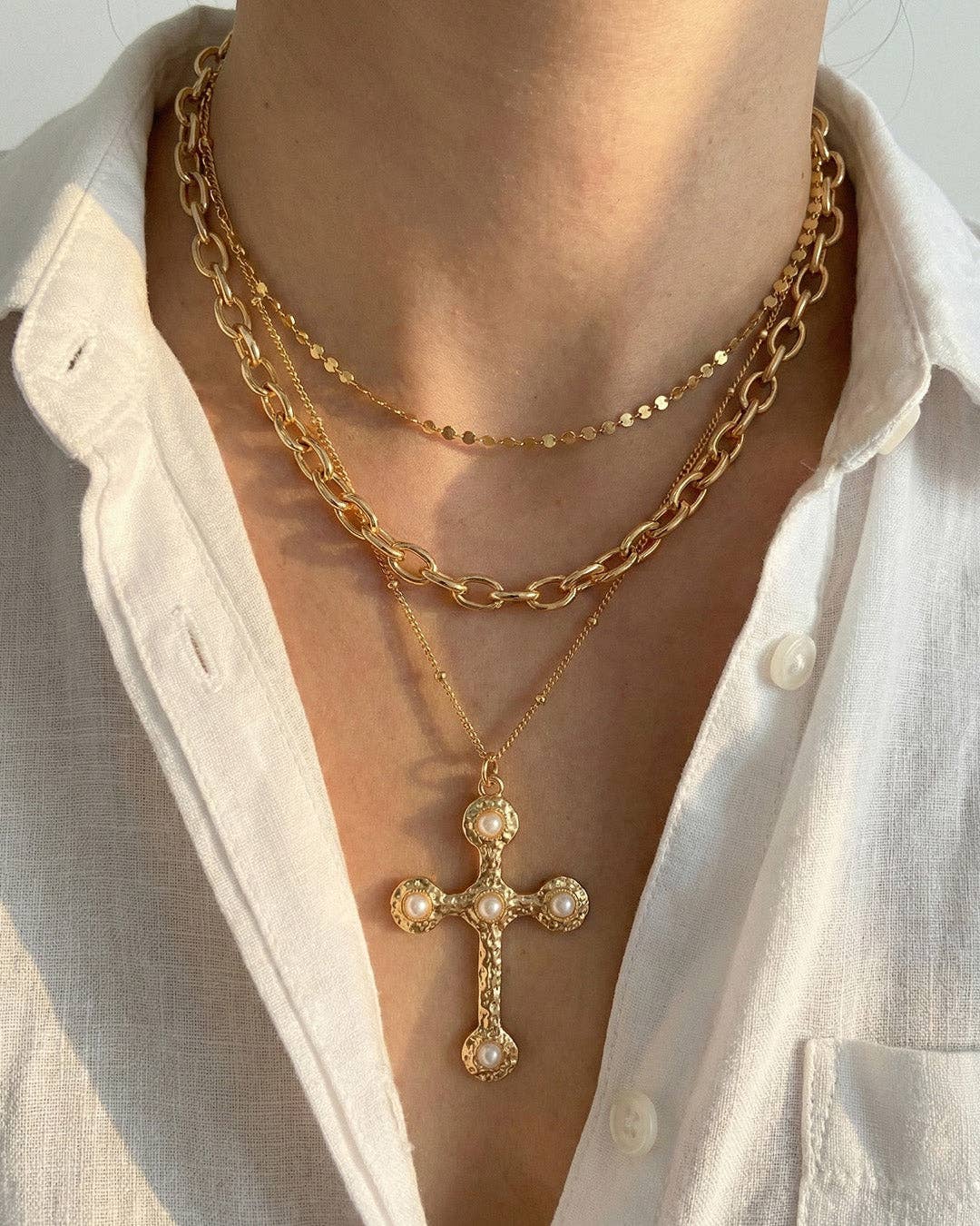 3 Layered Vintage Hammered Cross Necklace
