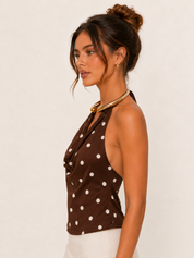 Brown Polka Dot Halter Top showing halter
