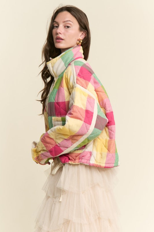 Pink Multi-color Plaid Puffer Jacket