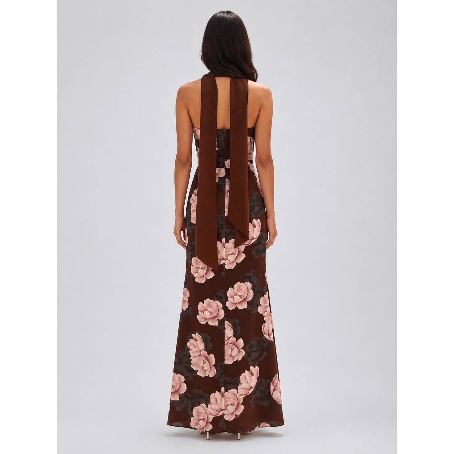 Brown Floral Mermaid Maxi Dress showing strapless neckline