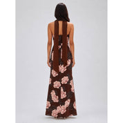 Brown Floral Mermaid Maxi Dress showing strapless neckline