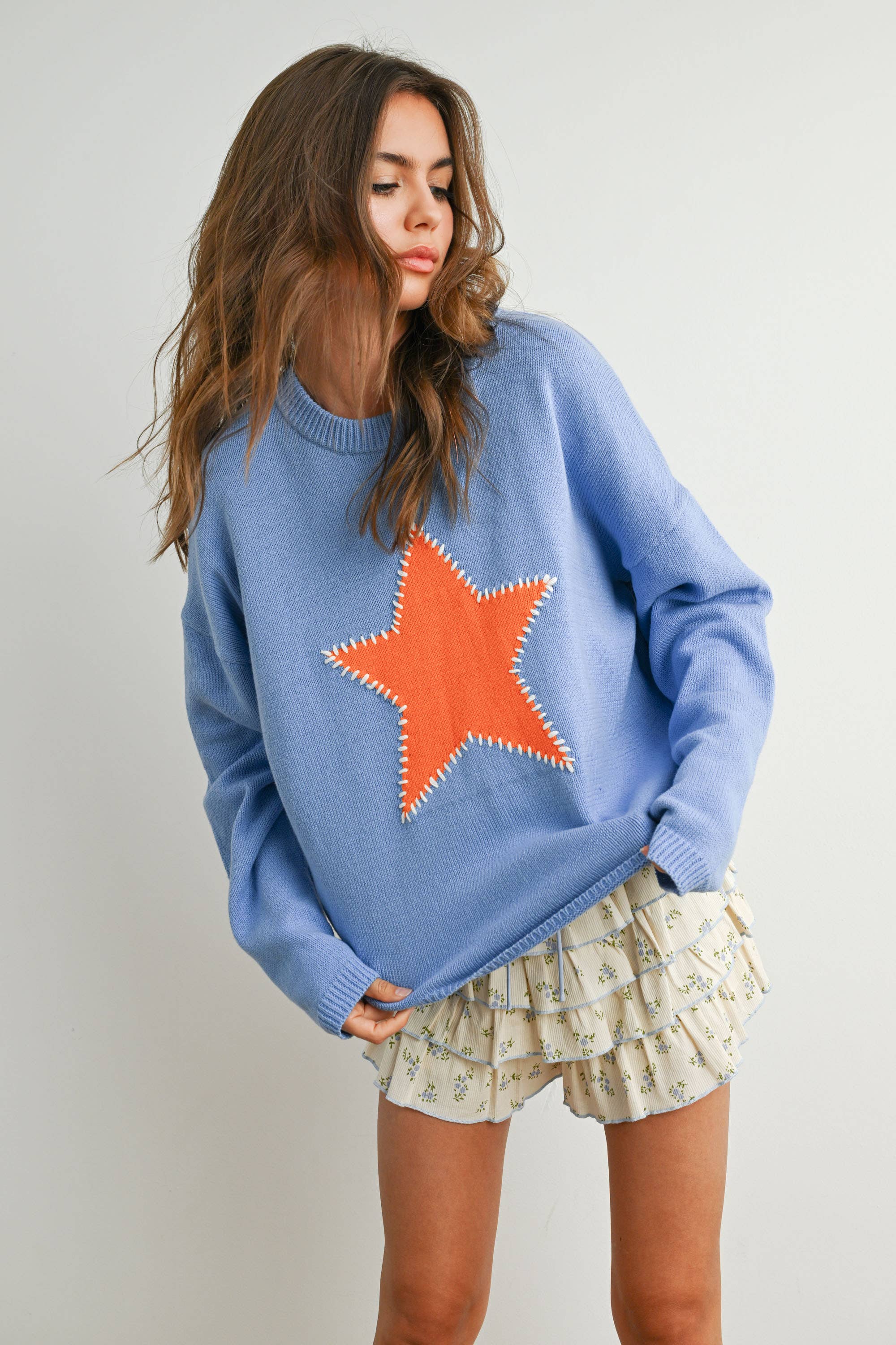 Blue Drop Shoulder Star Pattern Sweater