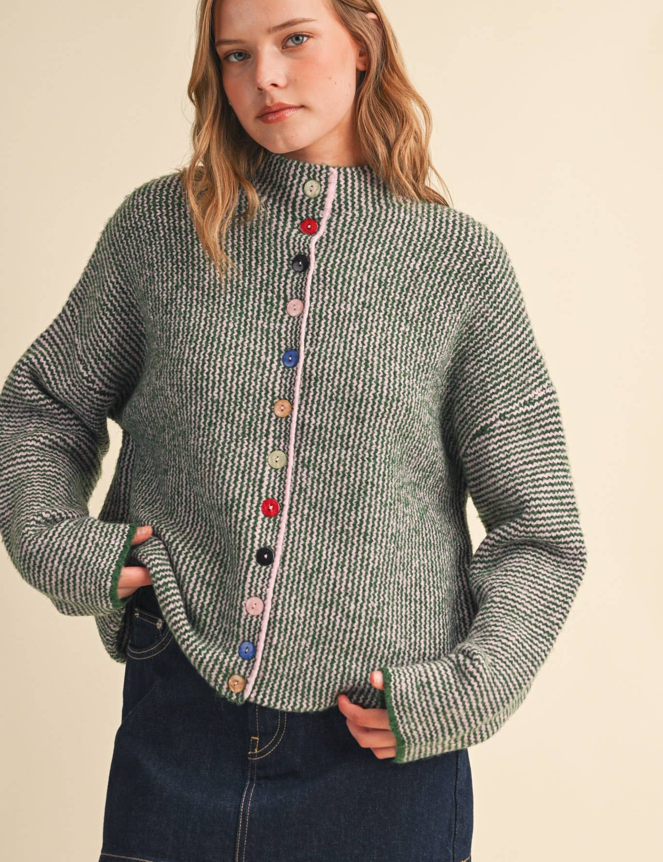 Green Striped Cardigan With Buttons at Ninety Nine Boutique