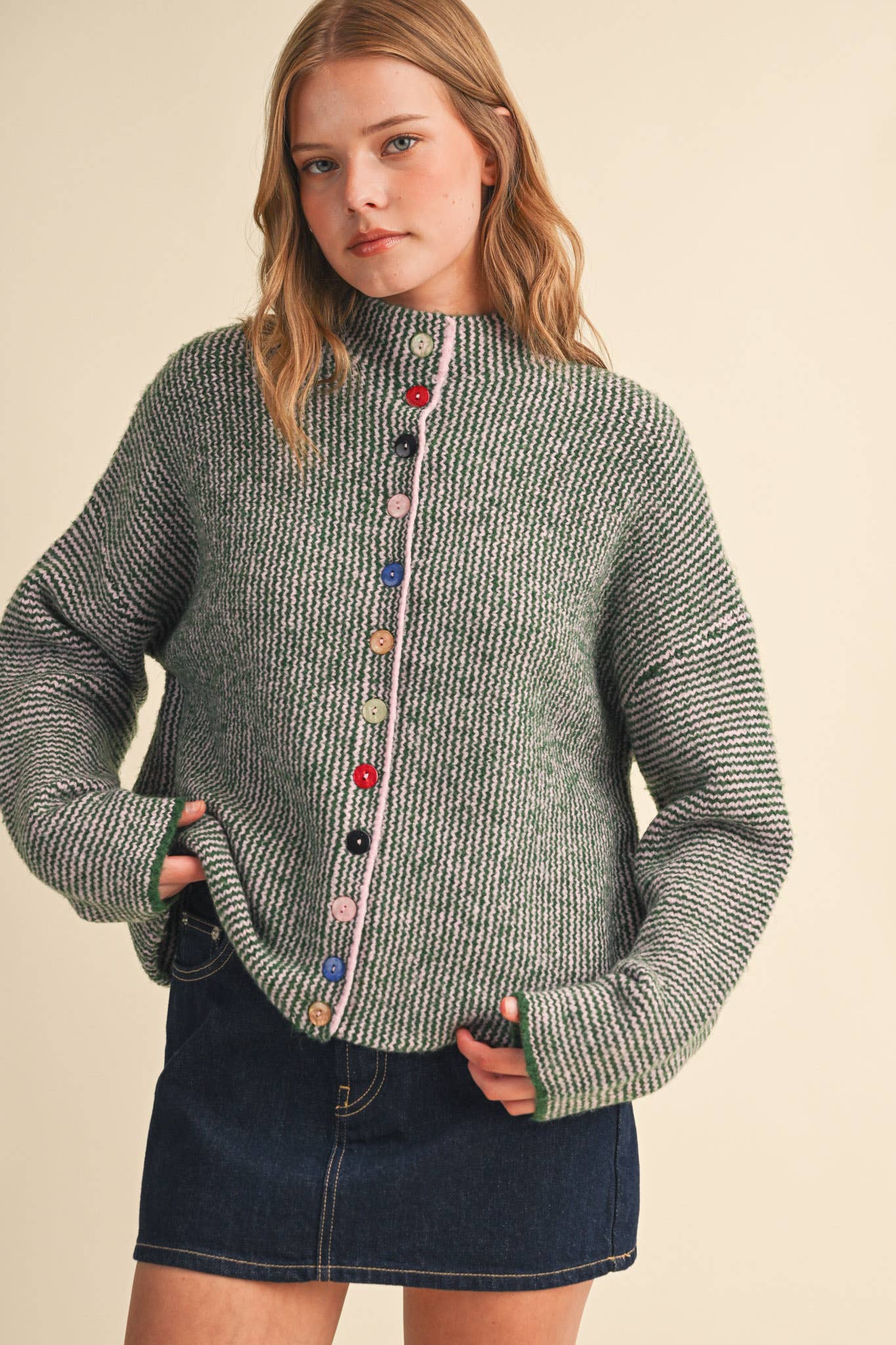 Green Striped Cardigan With Buttons at Ninety Nine Boutique