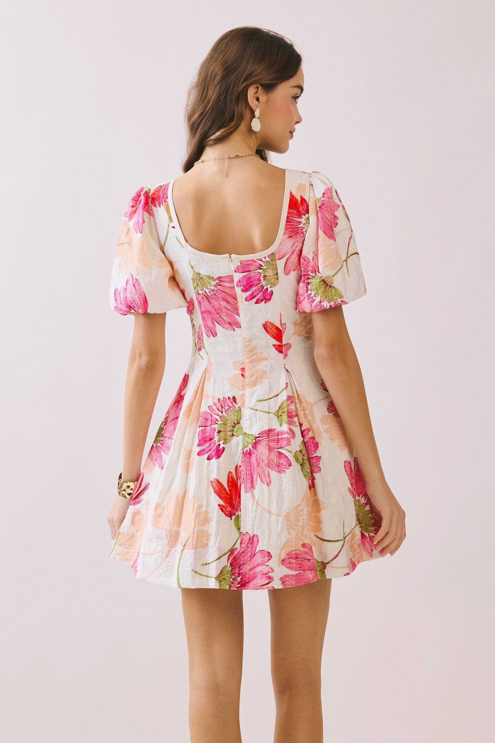 Cream Floral Flare Mini Dress