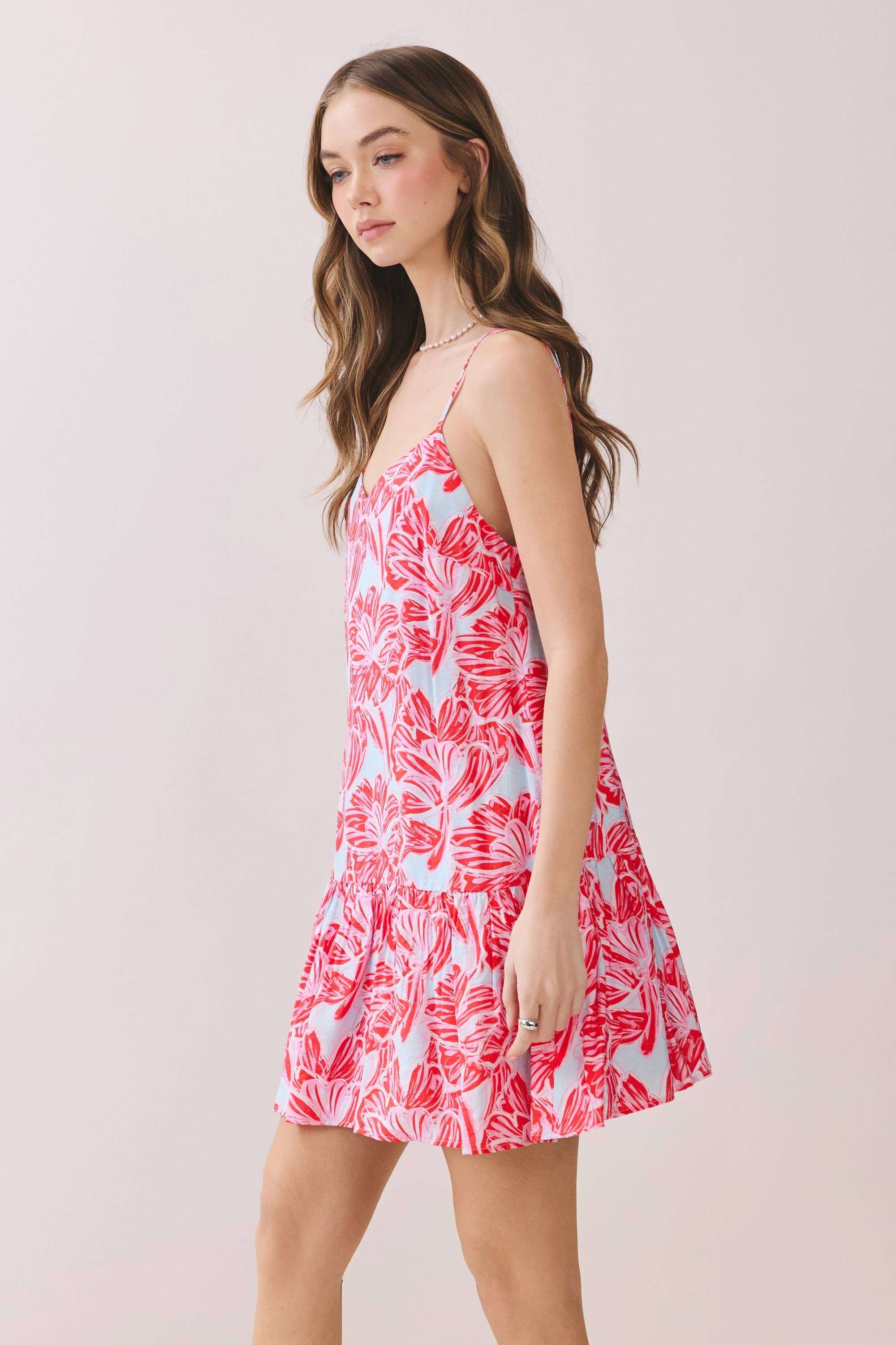 Pink Printed V Neck Slip Dress
