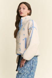 Floral Print Sherpa Zipper Pullover