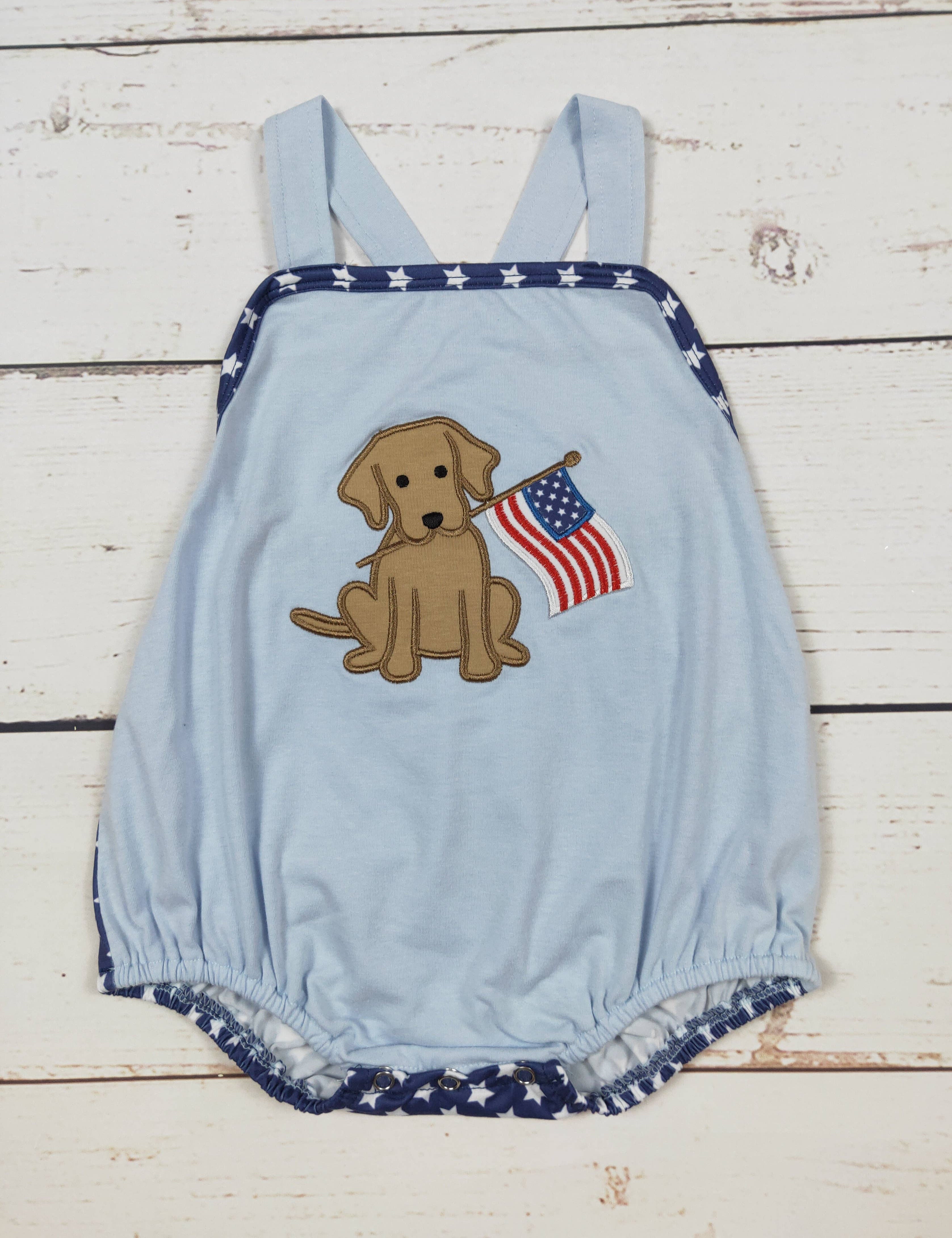 Baby Boy Dog Patriotic Bubble — sleeveless and crossback straps with white button closure