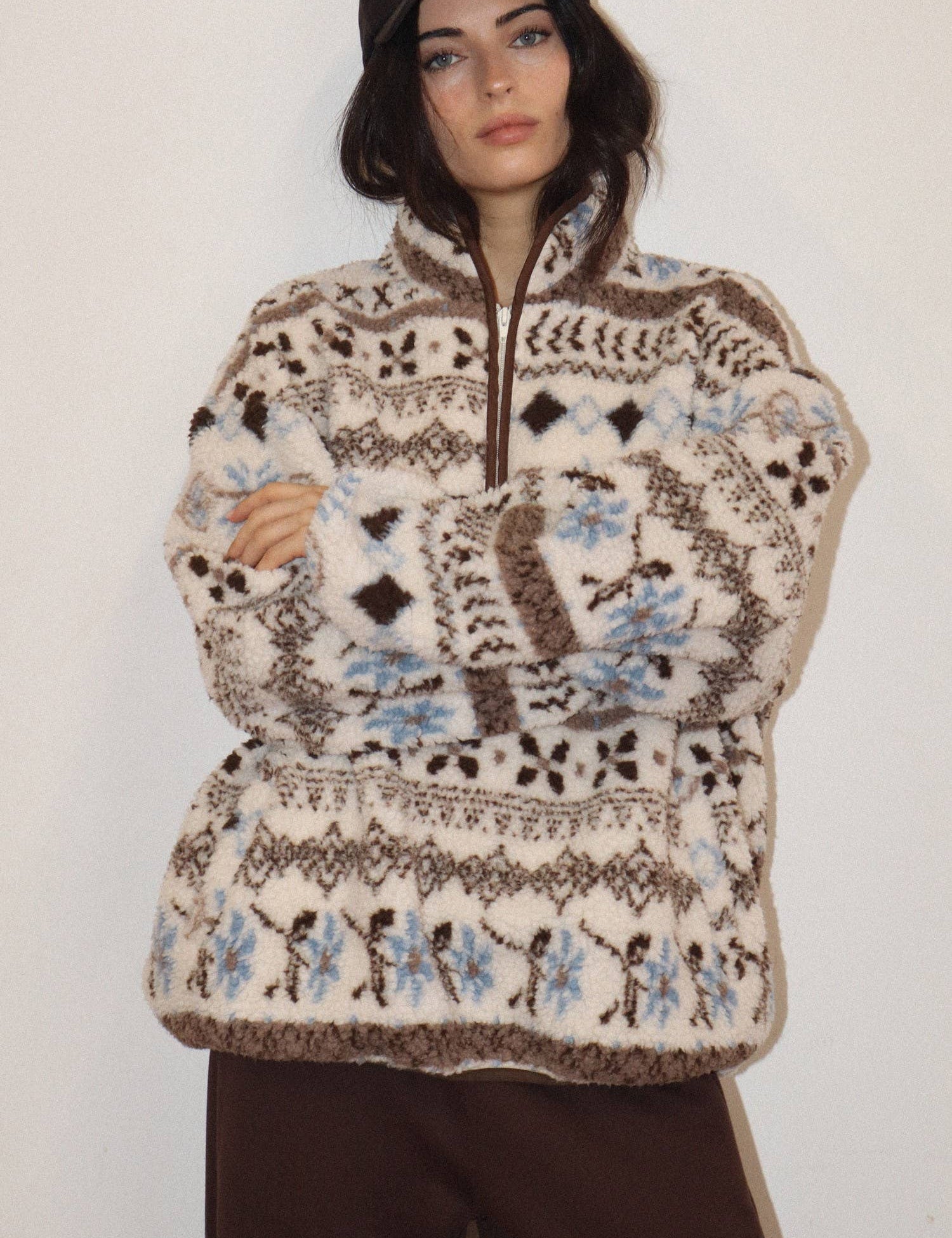 Cream Patterned Fleece Pullover showing half zip