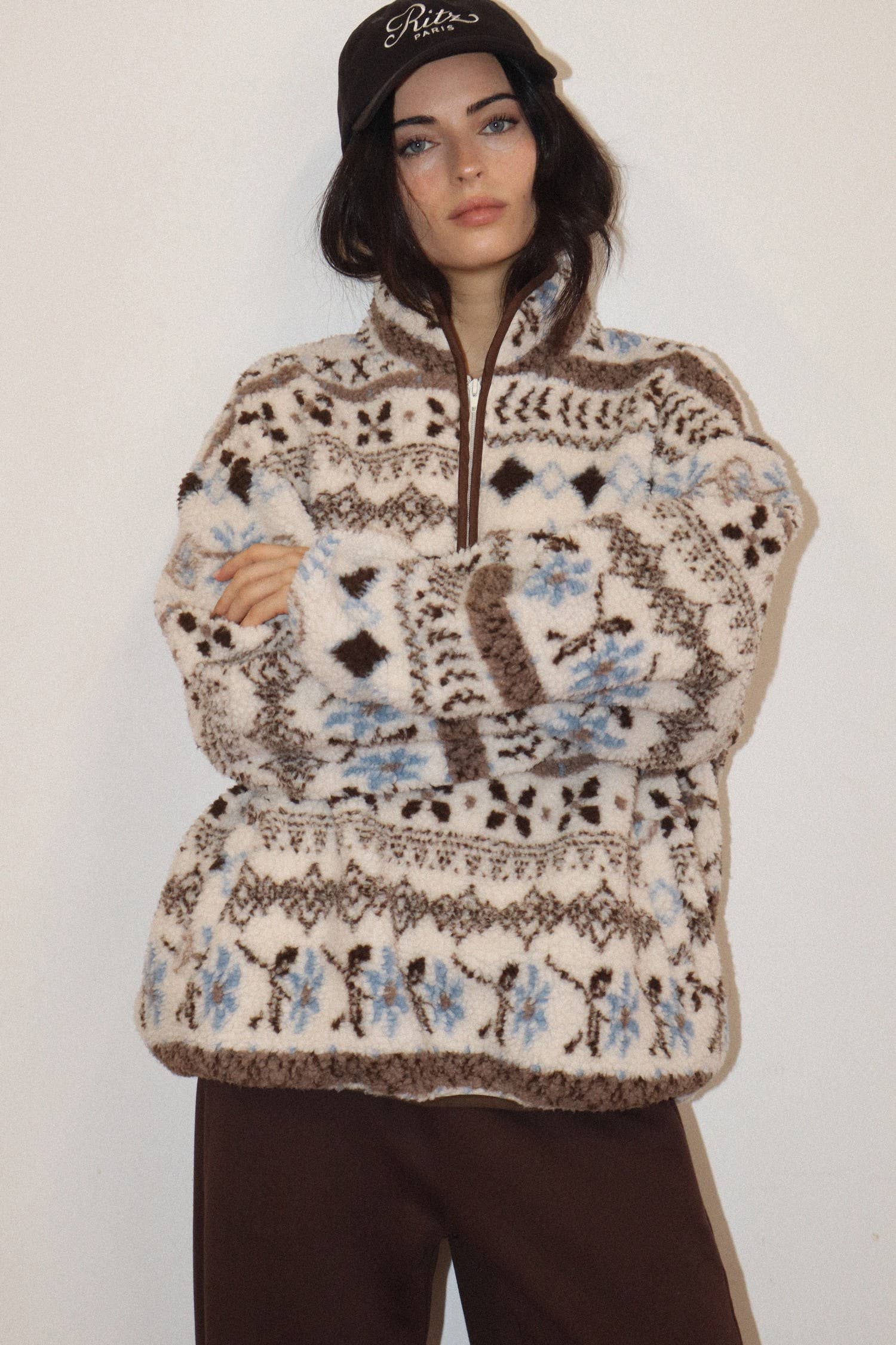 Cream Patterned Fleece Pullover showing half zip