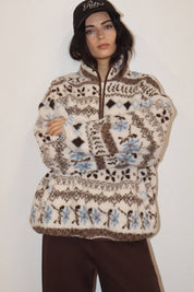 Cream Patterned Fleece Pullover showing half zip