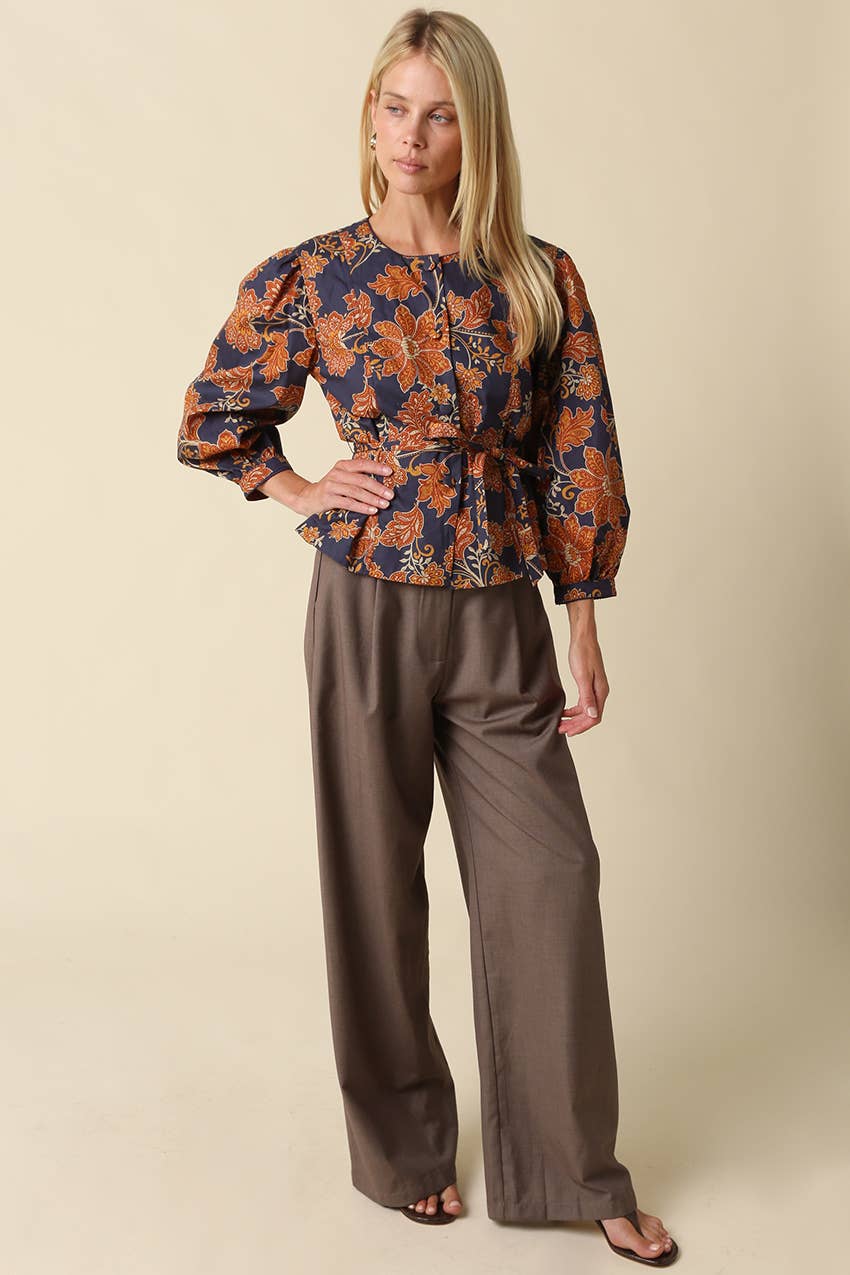 Navy & Orange Floral Tie Waist Blouse showing front button
