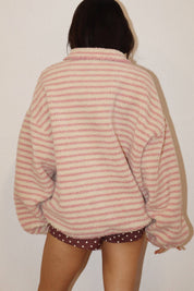 Pink Stripe Sherpa Pullover showing half zip