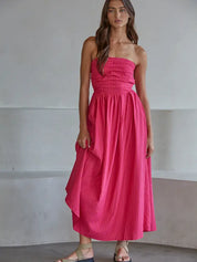 Pink Striped Strapless Flare Maxi Dress