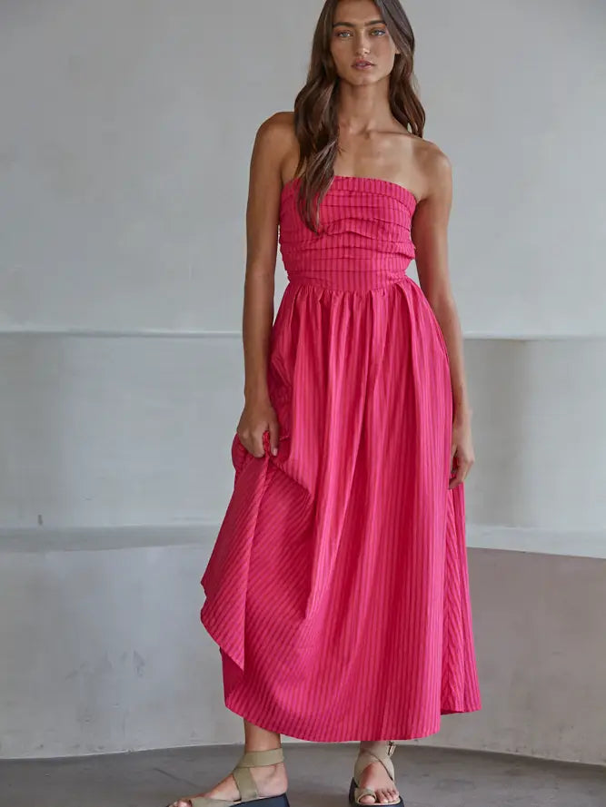 Pink Striped Strapless Flare Maxi Dress