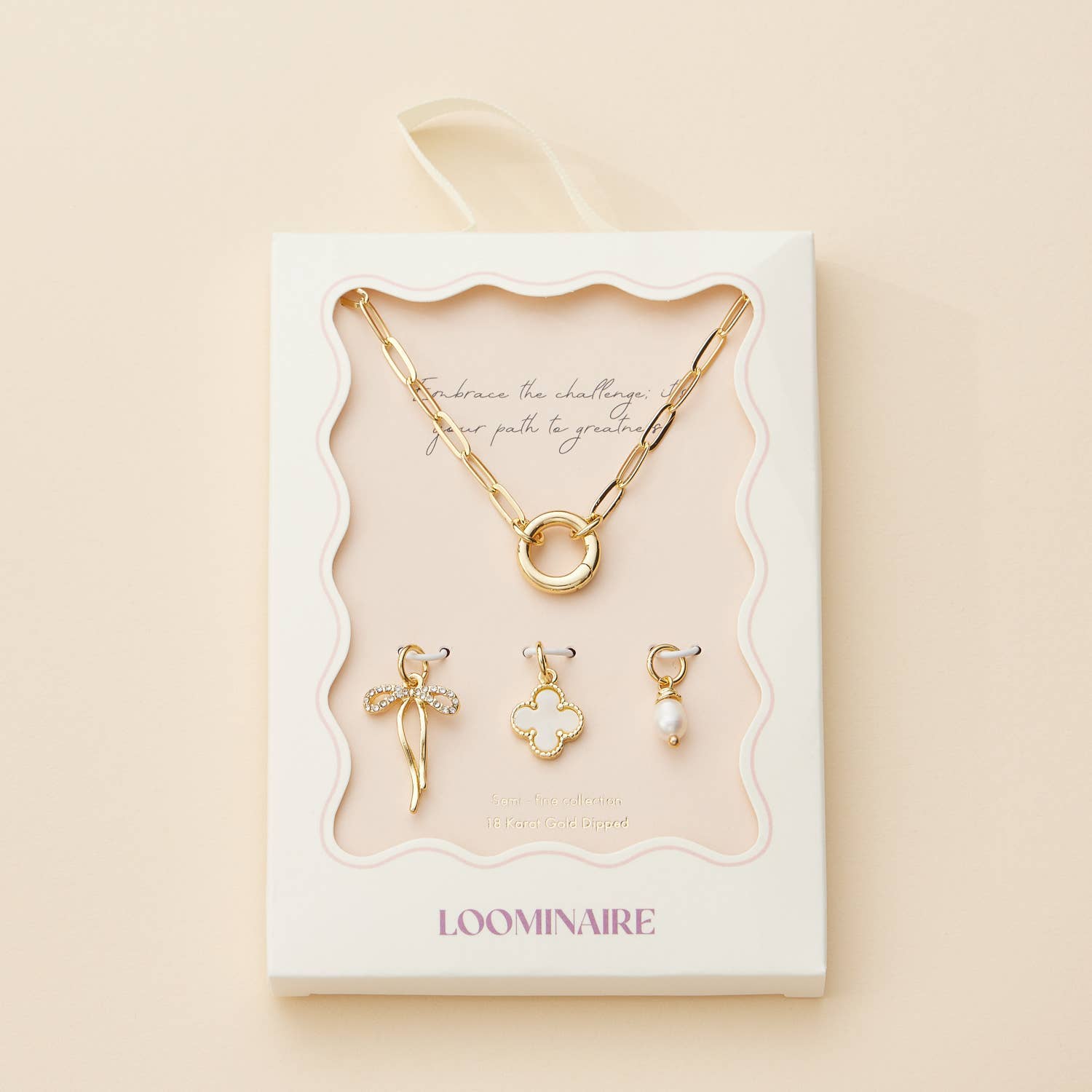 Gold Dipped Bow Charm Necklace with Clover & Pearl