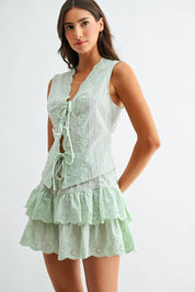 Green Eyelet Top and Skirt Set