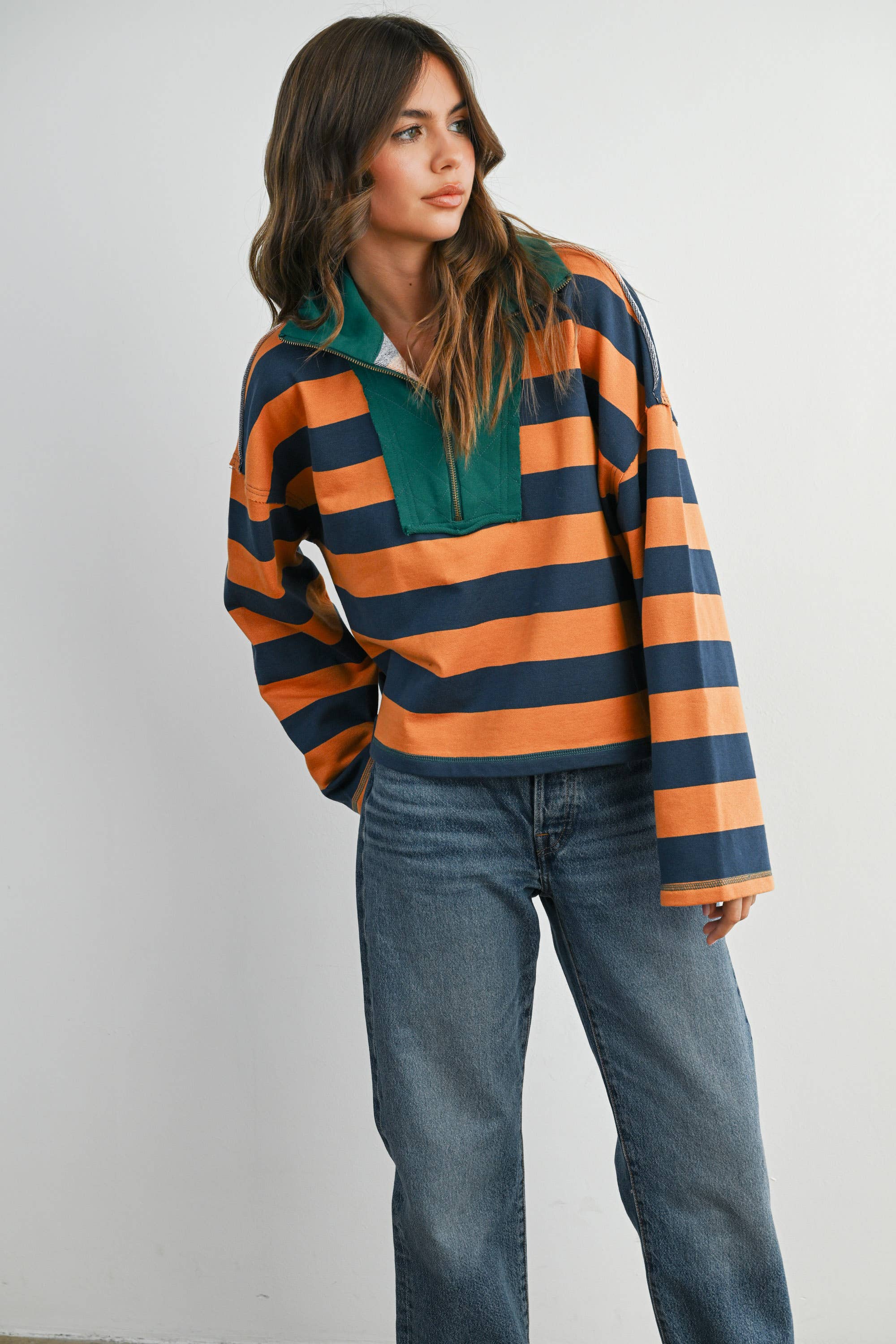 Green Striped Quarter-Zip Contrast Collar Sweatshirt