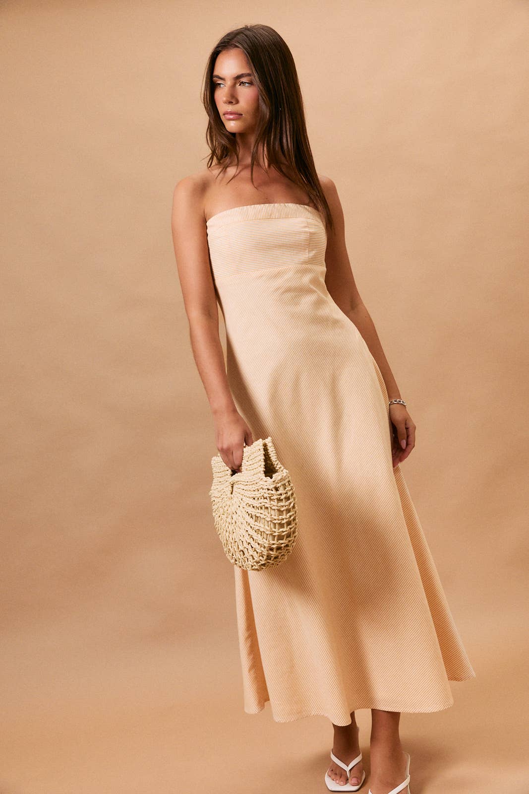 Orange Striped Tube Midi Dress