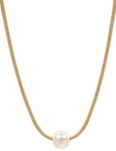 18K Stainless Steel Pearl Necklace showing color: gold with a single white pearl