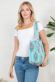 Teal Hibiscus Quilted Tote Bag